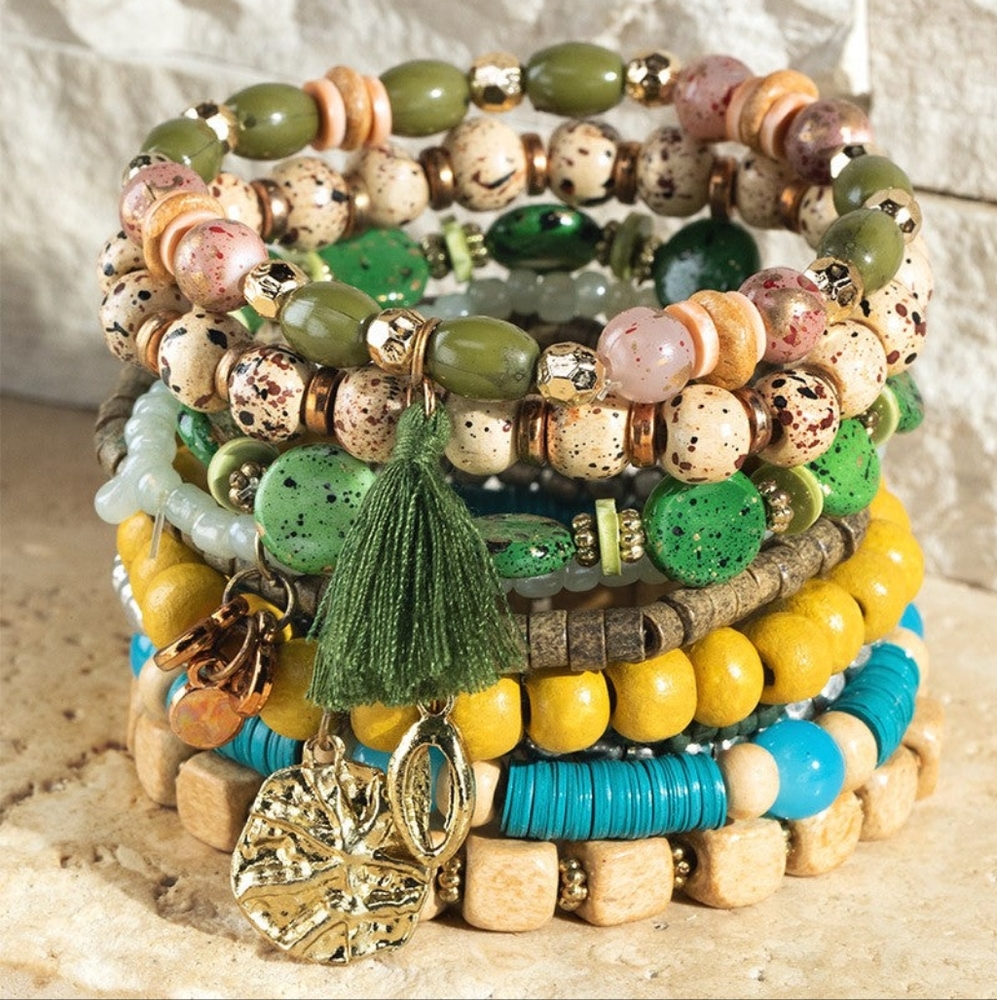 Multicolor 9 Piece Boho Chic Stretch Bracelet Set w Charms & Tassel